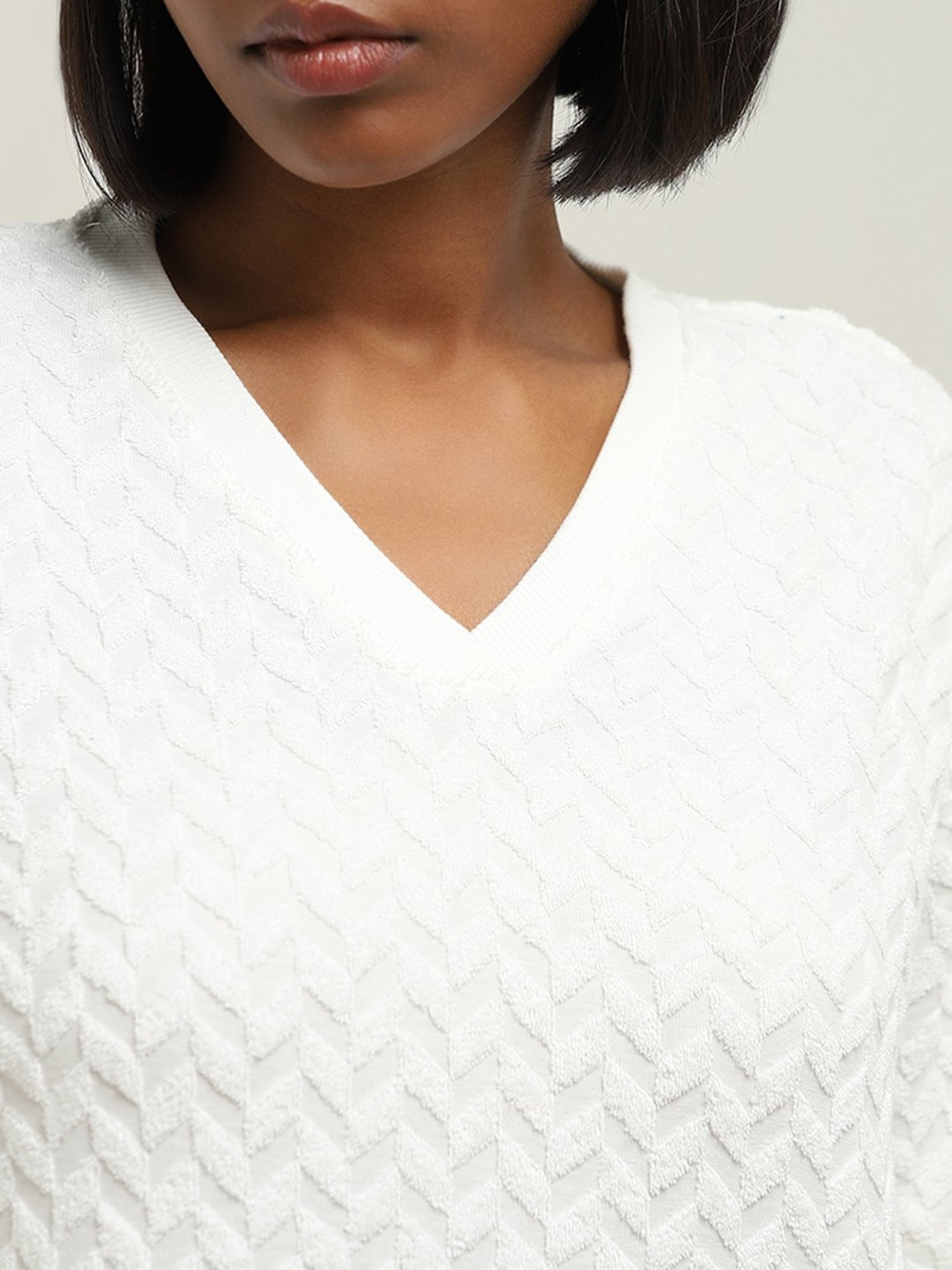 Studiofit by Westside White Chevron Textured Cotton Blend T-Shirt