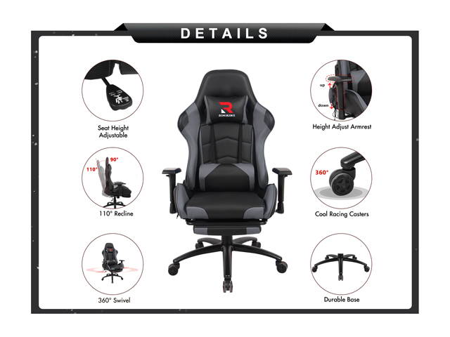 RIMIKINGMassage Gaming Chair with Retractable Footrest-Adjustable Lumbar Cushion Computer Office Racing Chair Headrest Swivel Rocking Desk Chair Ergonomic