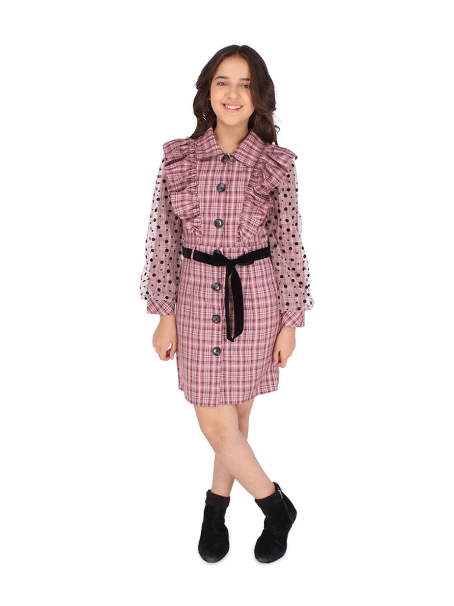 Cutecumber Kids Dusty Pink Chequered Full Sleeves Dress