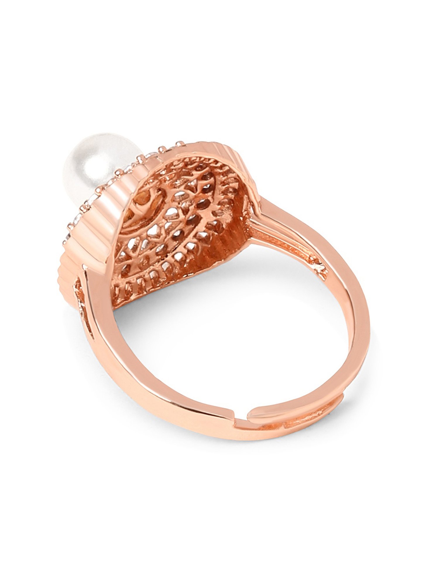 Zaveri Pearls Rose Gold Cubic Zirconia & Pearl Contemporary Brass Ring Cocktail Ring - ZPFK10900