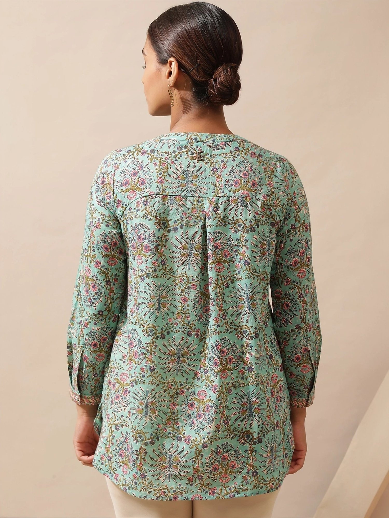 Folksong by W Mist Green Cotton Printed Top