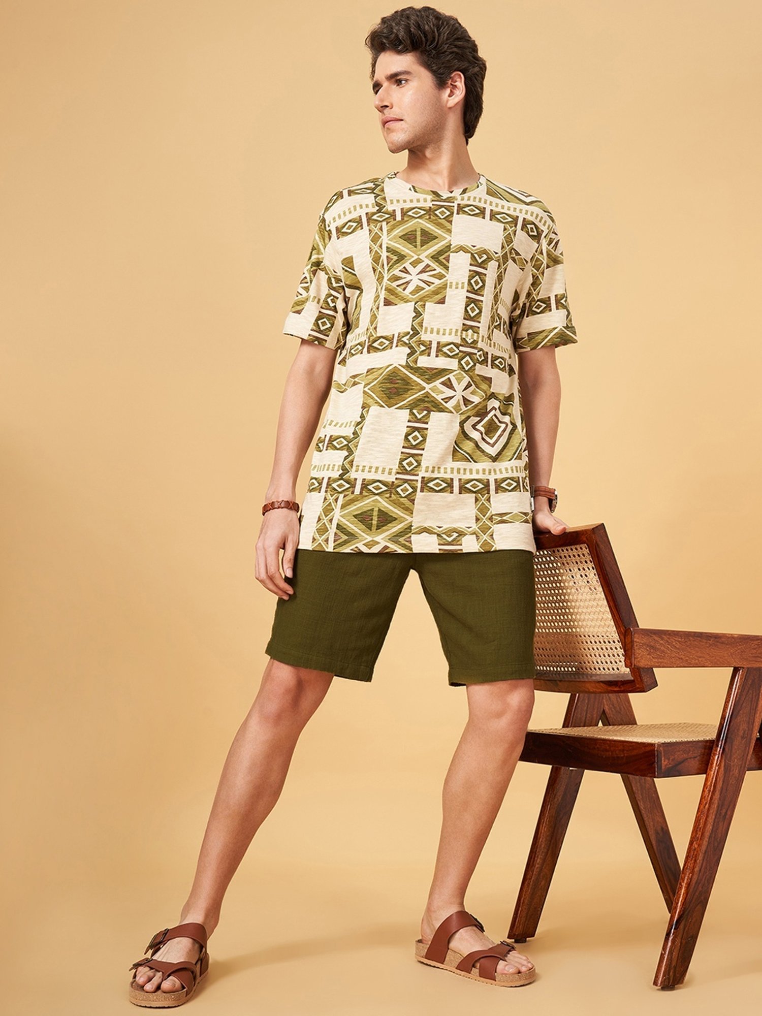 7 Alt by Pantaloons Olive Cotton Slim Fit Shorts