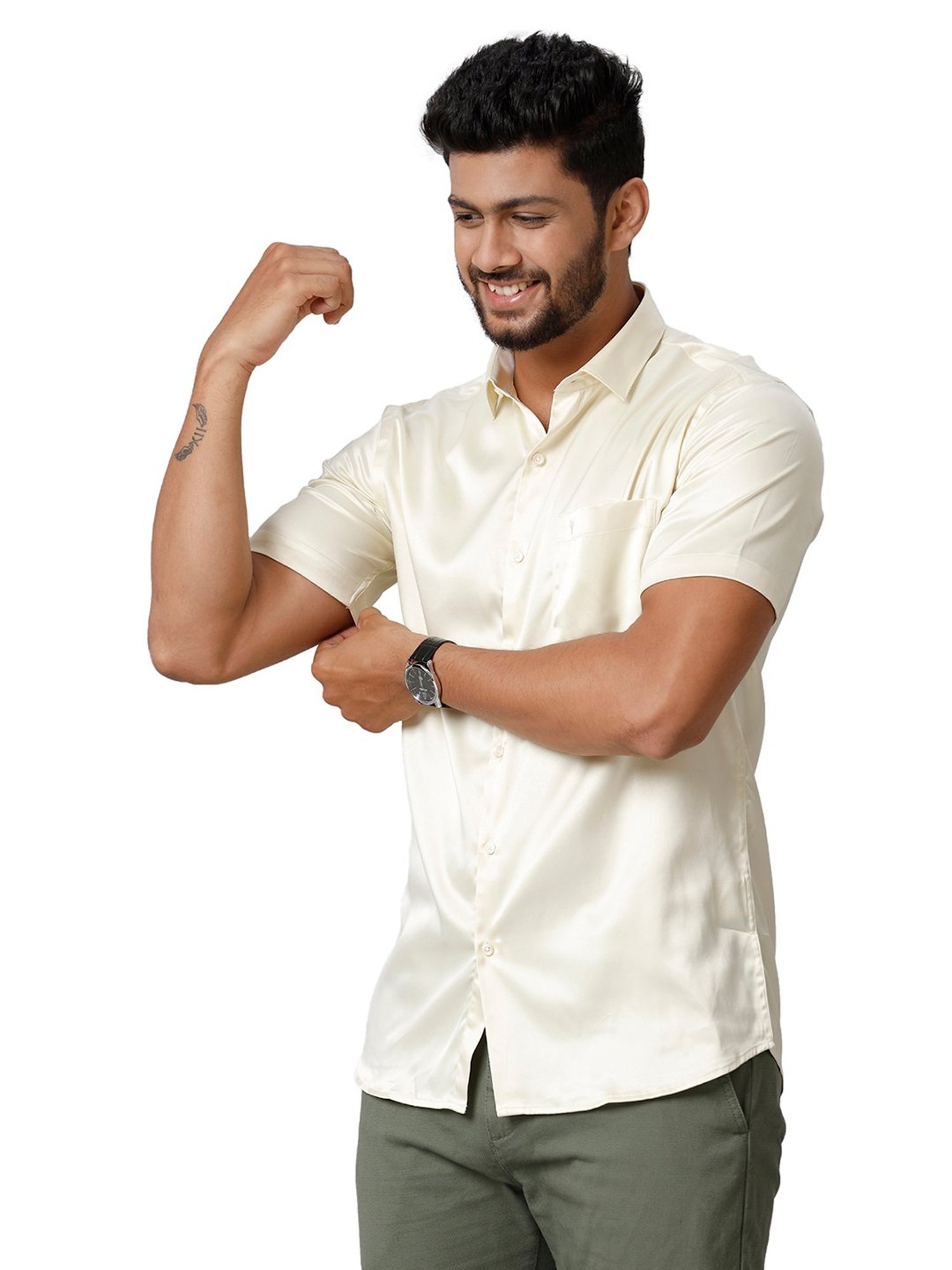 Ramraj Cream Regular Fit Half Sleeves Shirt