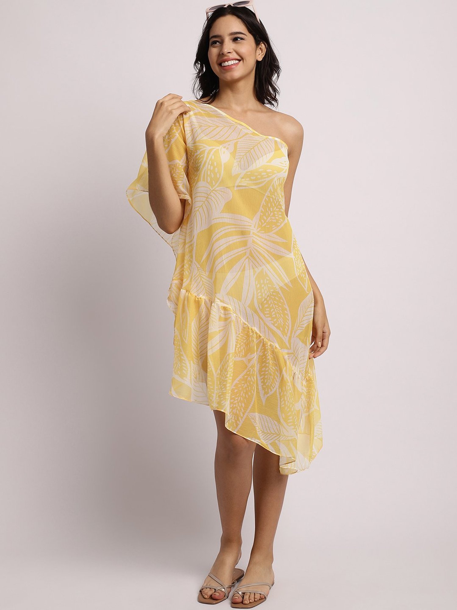 Erotissch Yellow Printed Beachwear Cover-Up Dress