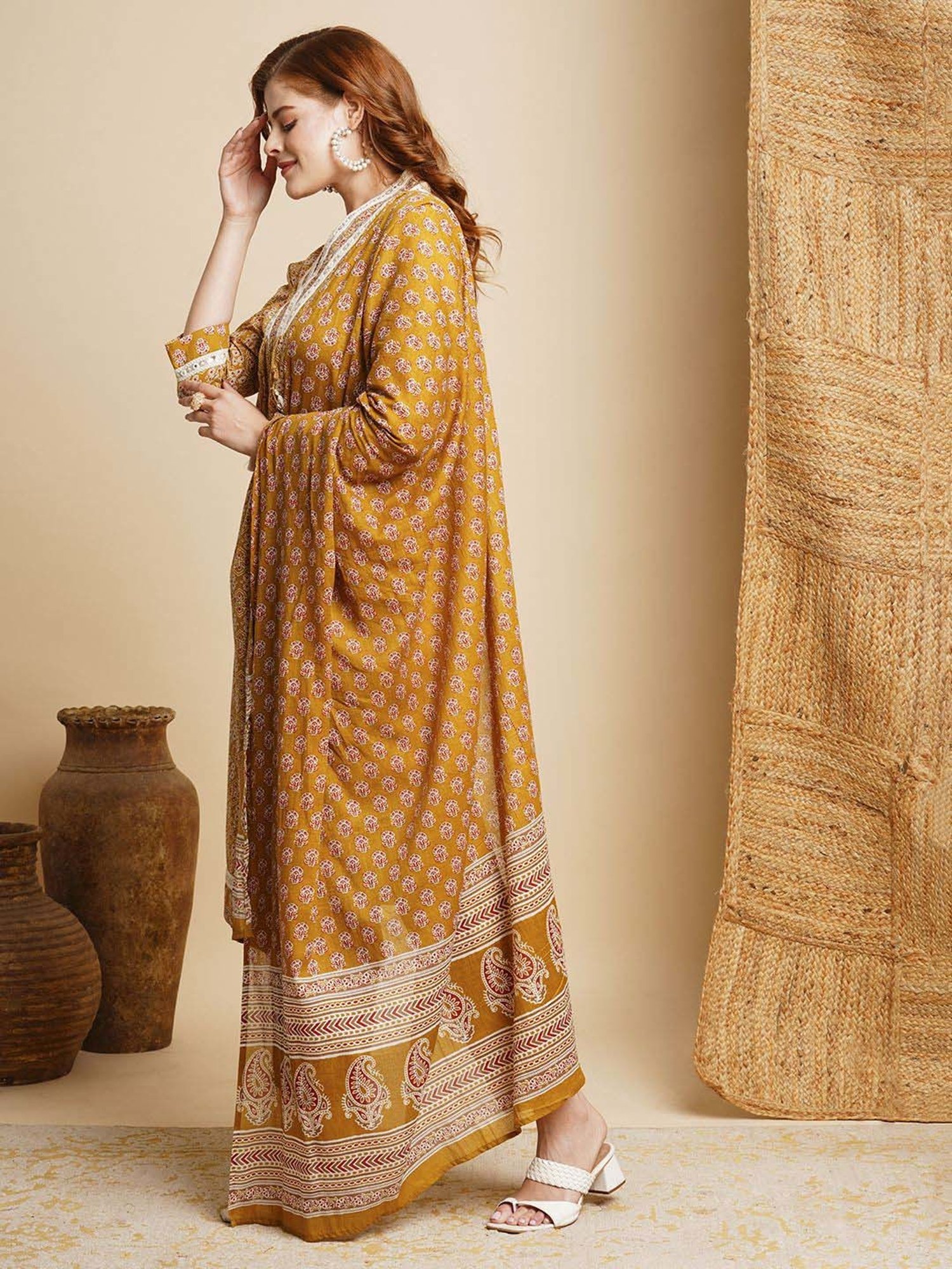 Fashor Mustard Cotton Printed Kurta & Pant Set With Dupatta