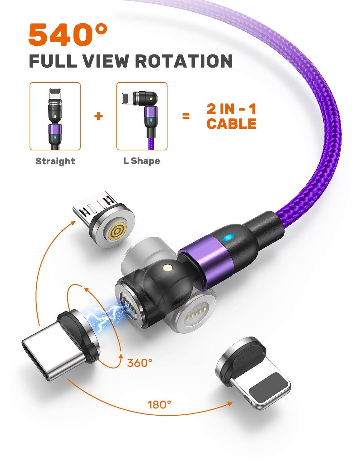 540 Degree Magnetic Charging Cable (3Pack-6.6ft/6.6ft/6.6ft) AUFU Magnetic Phone Charger USB Magnetic Cable 3A Fast Charging Data Sync Nylon Braided USB Cord Cable for Micro USB Type C iProduct