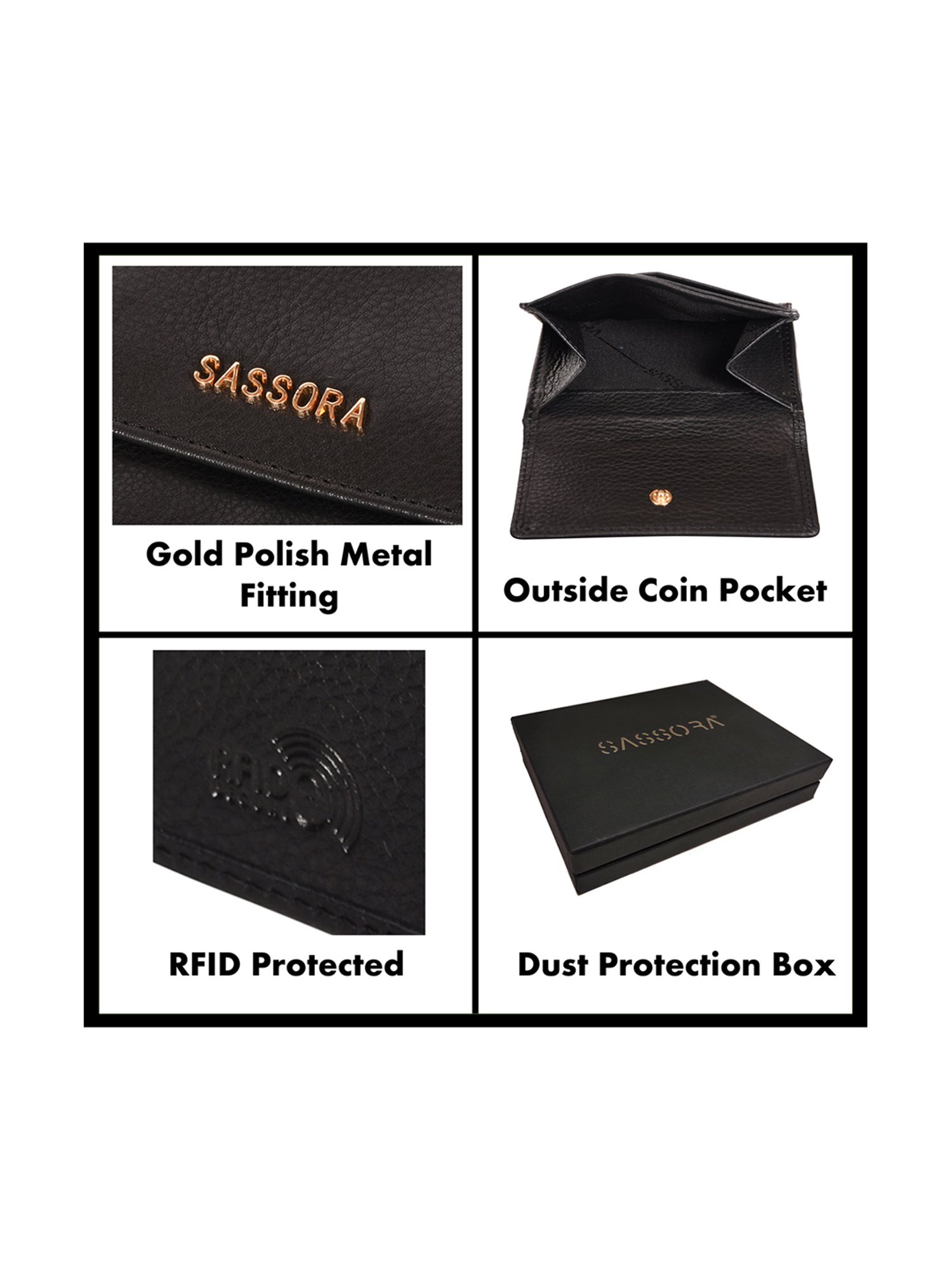 SASSORA Black Solid Rfid Tri-Fold Wallet for Women