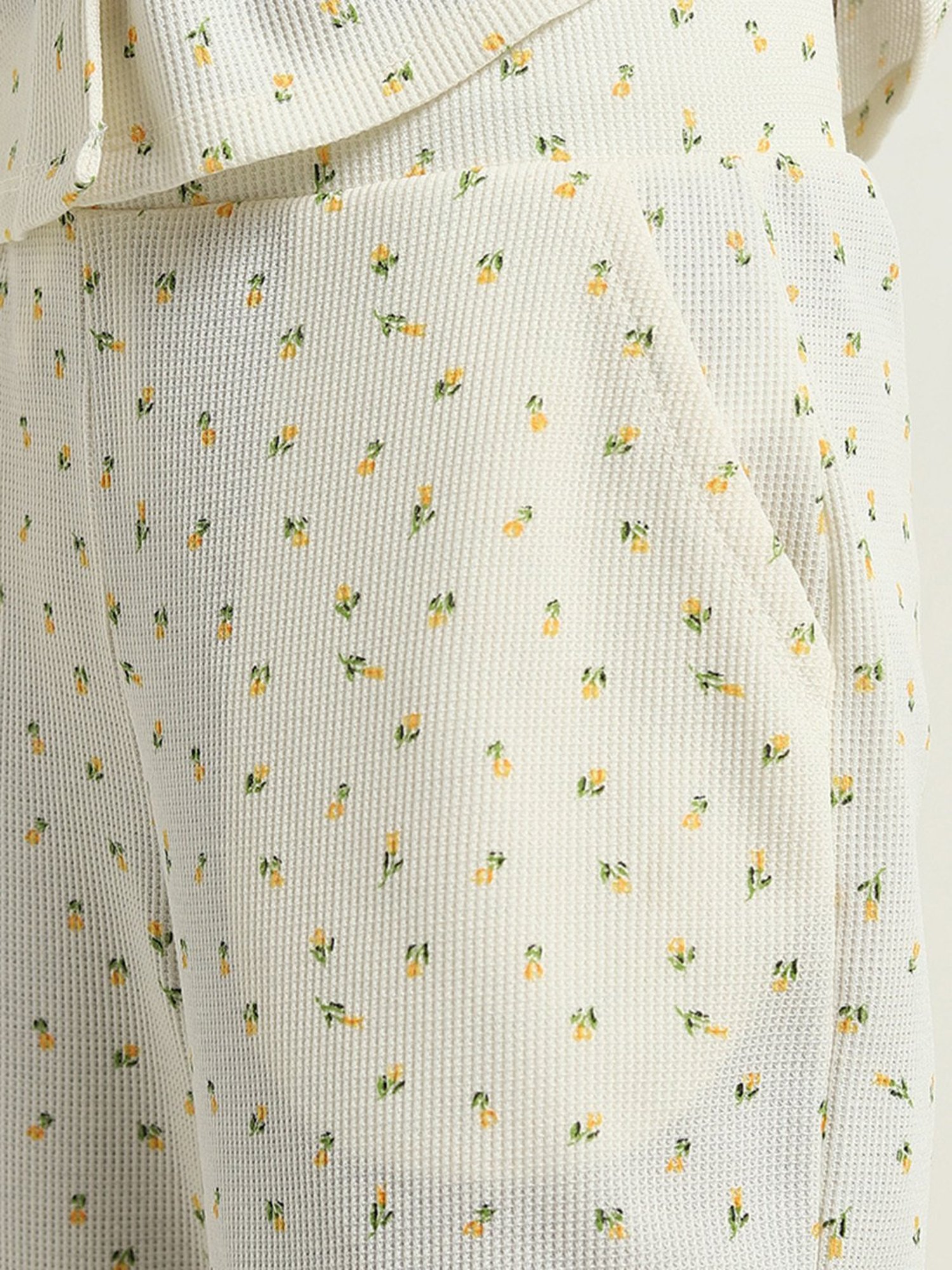 Superstar by Westside Ivory Floral Waffle-Textured Mid-Rise Pants