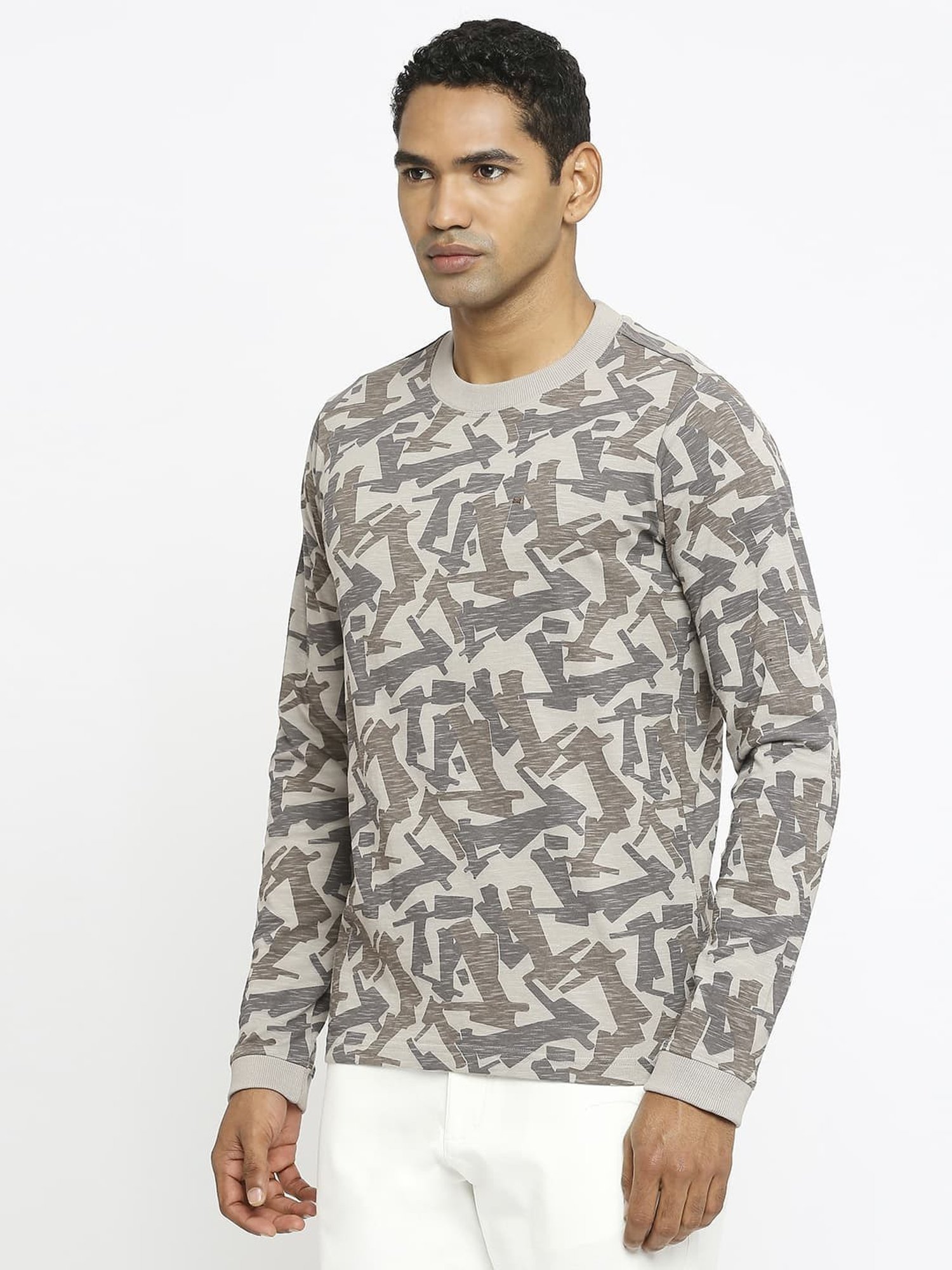 Basics Grey Cotton Muscle Fit Printed T-Shirt