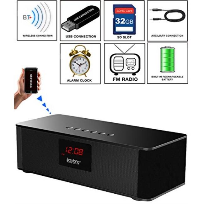 Boytone BT-87CR Portable FM Radio Alarm Clock, Wireless Bluetooth 4.1 Speaker, Built-in 8 Hours Play Rechargeable Batter