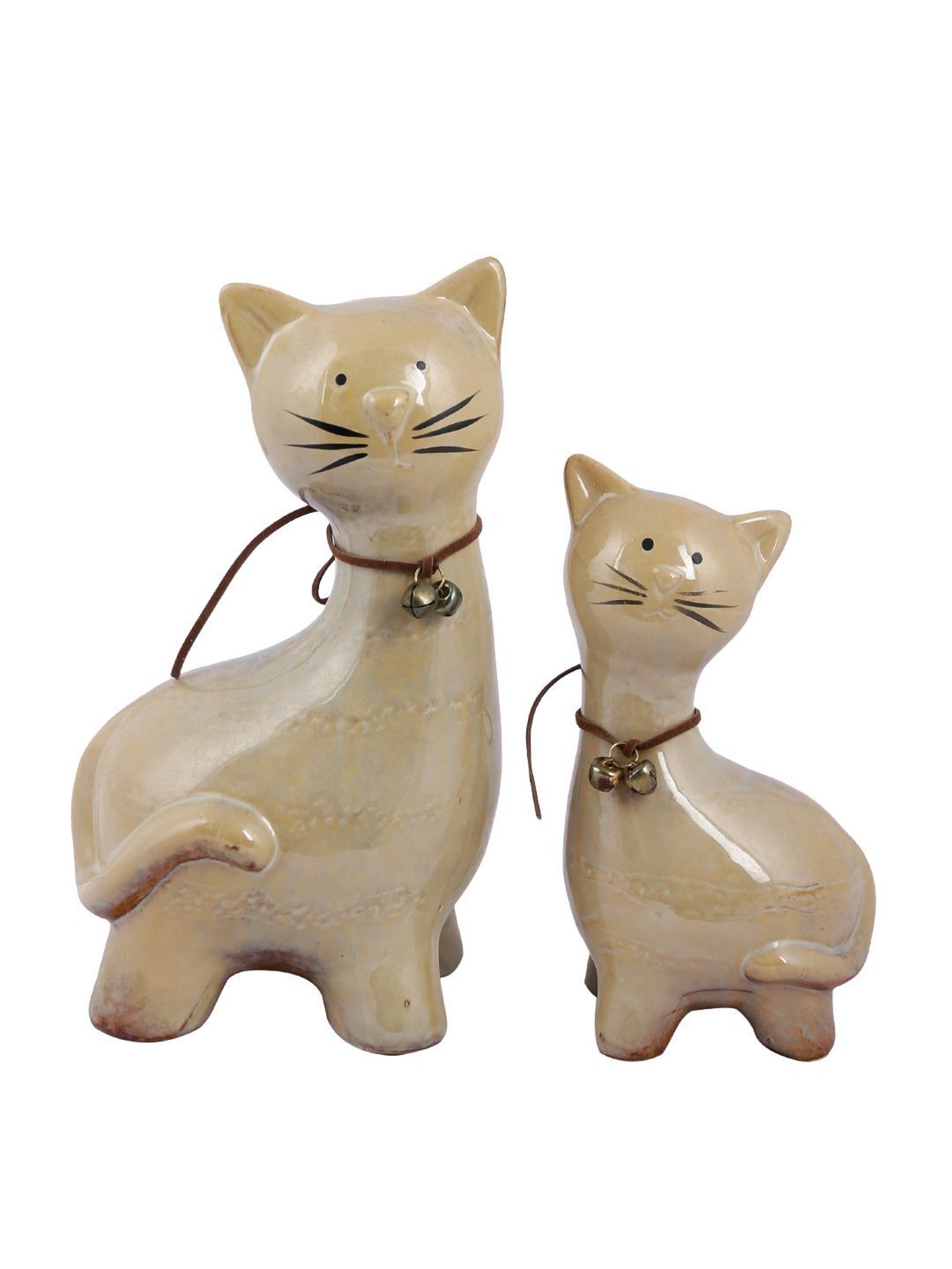 Tayhaa Beige ceramic Pair of Cute Cats with Bell on Neck