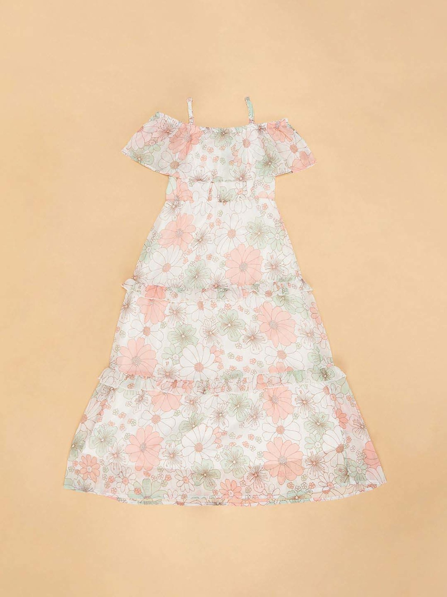 Pantaloons Junior Off-White & Pink Cotton Floral Print Dress