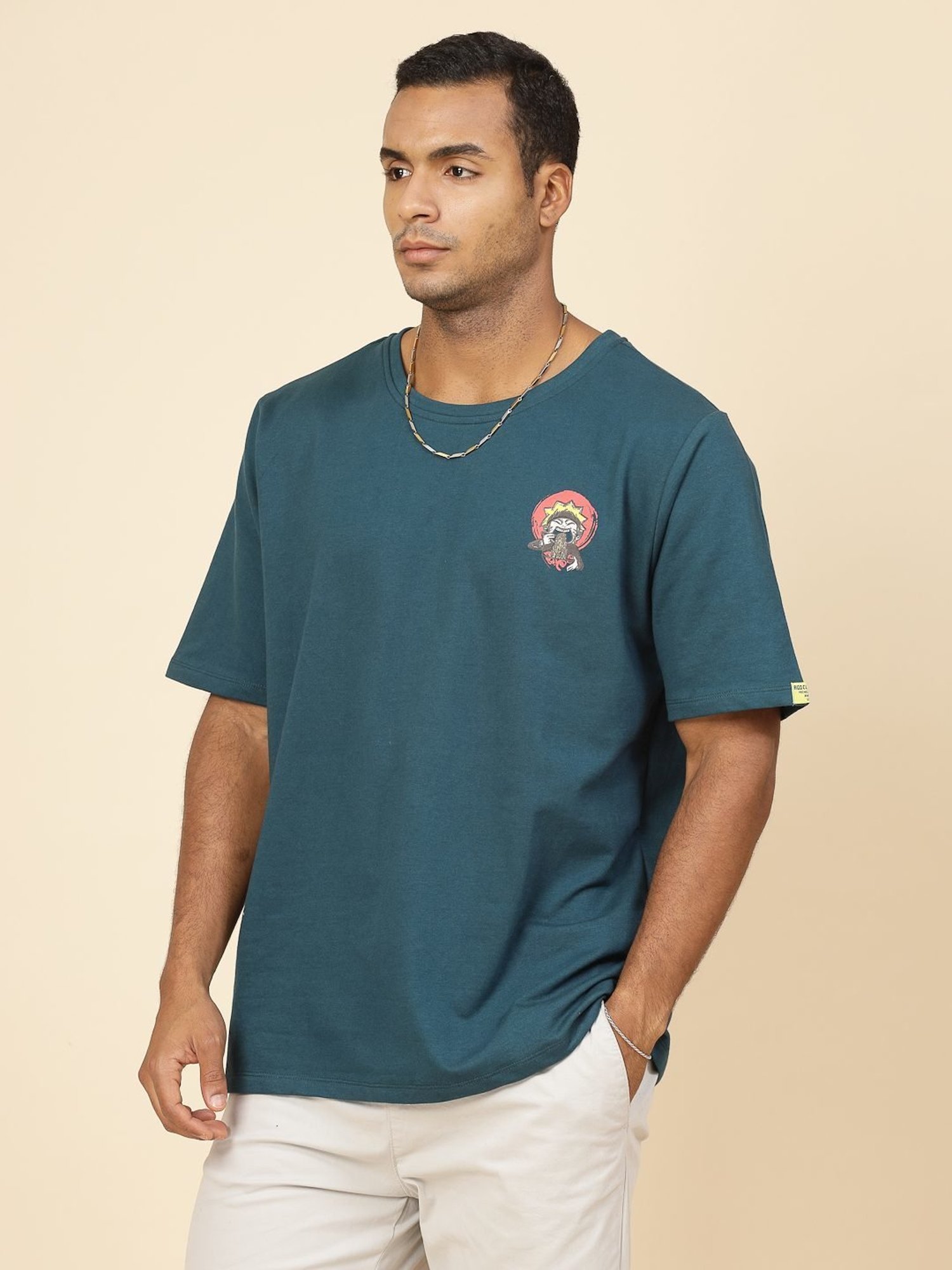 Rigo Teal Cotton Loose Fit Typography T-Shirt