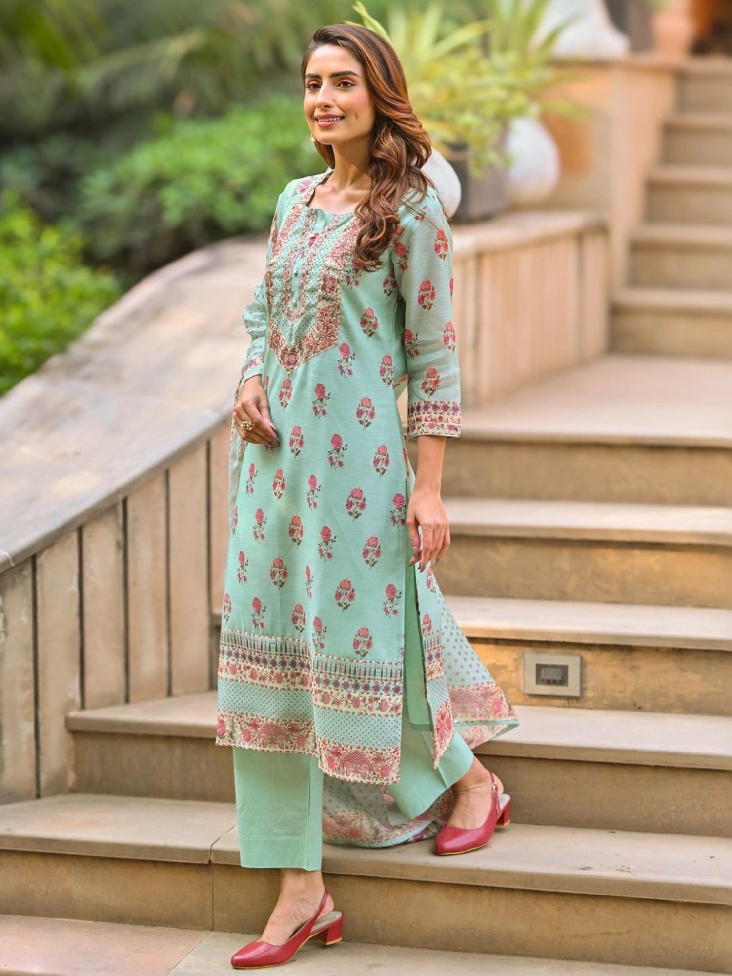 Mahee Jaipur Blue Daman Block Print Chanderi Kurta with Pant and Dupatta
