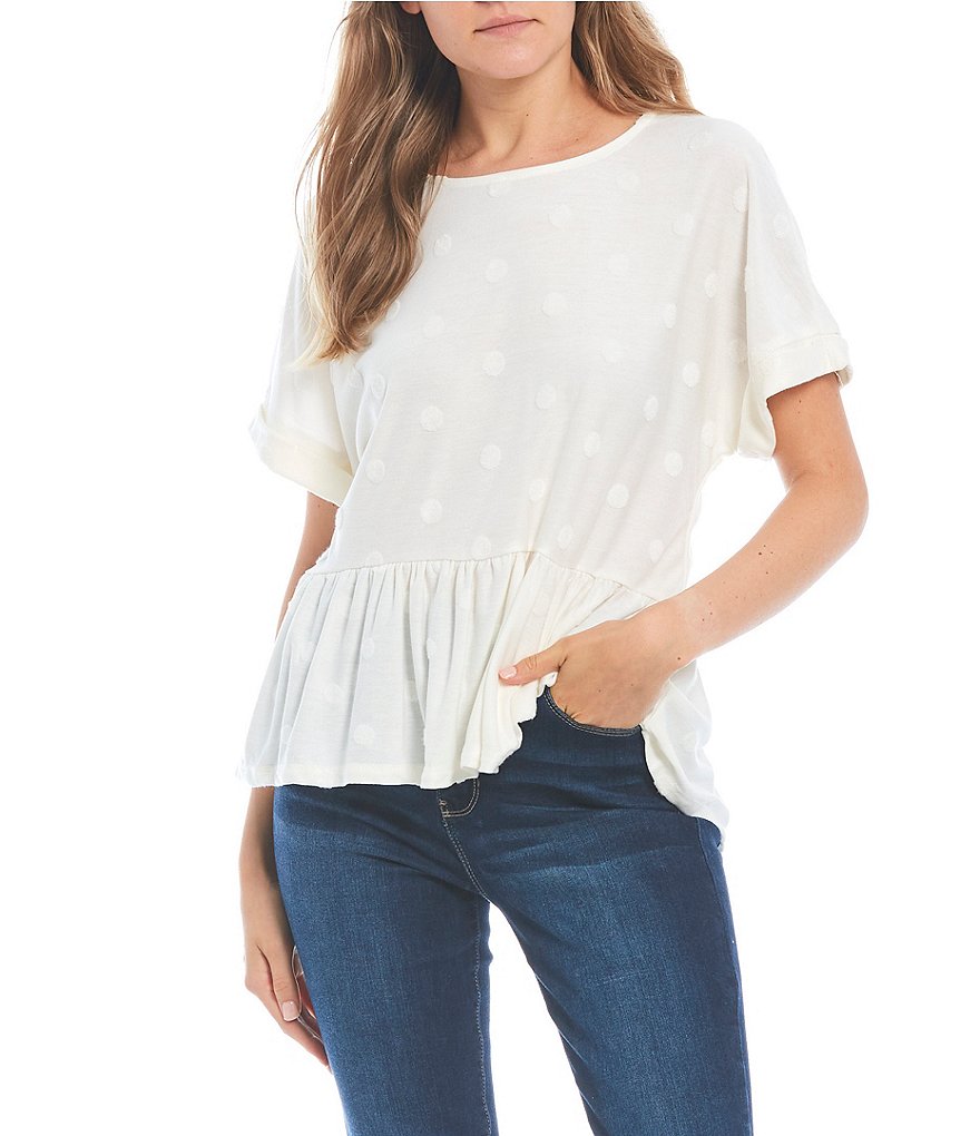 Blu Pepper Textured Dot Short Sleeve Peplum Top