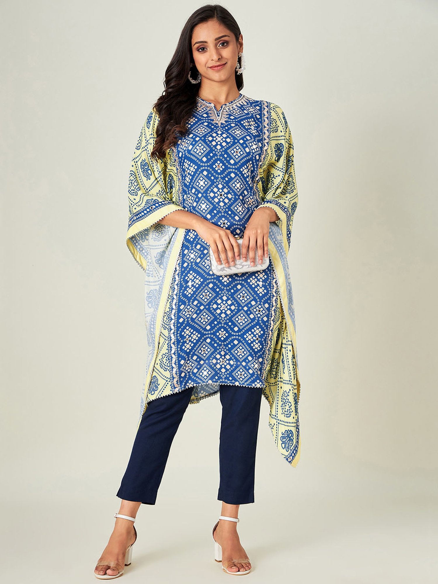The Kaftan Company Blue & Yellow Bandhani A Line Kaftan Kurta