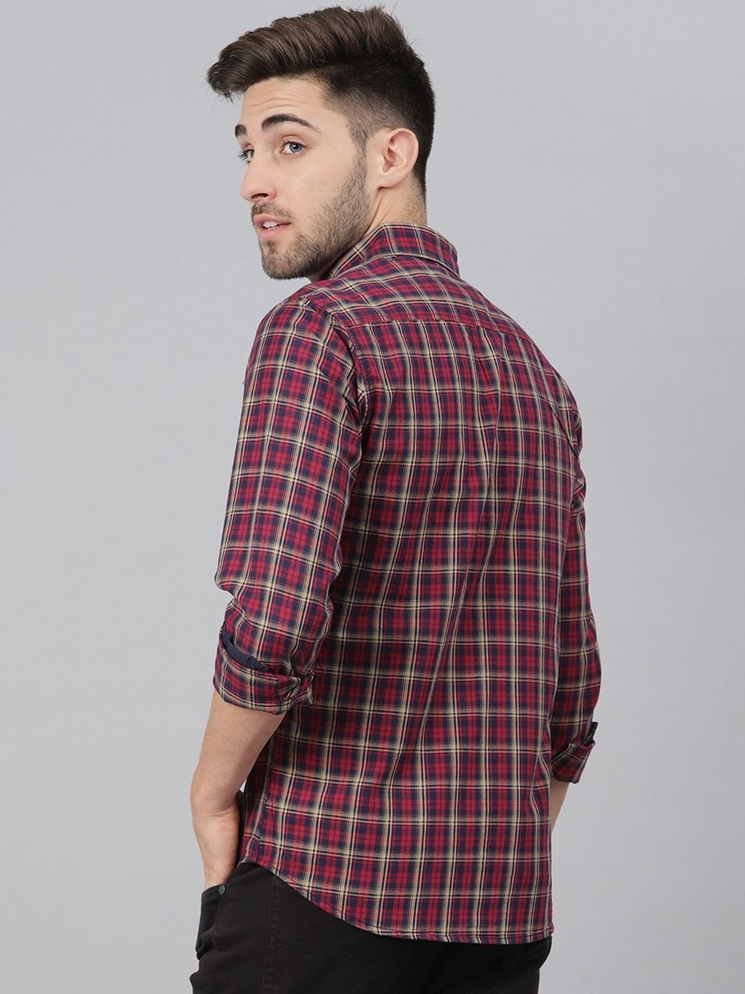Dennis Lingo Red Cotton Slim Fit Checks Shirt