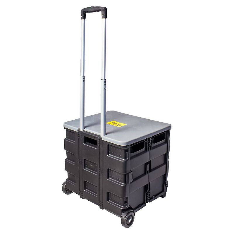 dbest products Quik Cart 2 Wheeled Collapsible Handcart Dolly Storage Grocery Shopping Utility Cart with Lid, Seat, and Stool Functions, Gray