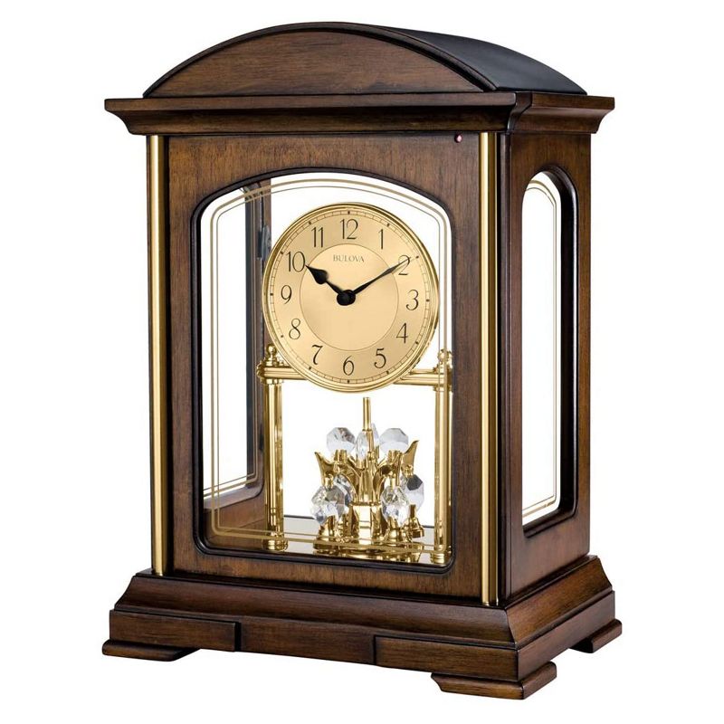 Bulova B1846 Wesport Strike & Chime Hardwood Clock w/ Pendulum and Triple Melody for Mantel Fireplace Desk Table Shelf Living Room Decor, Brown Cherry