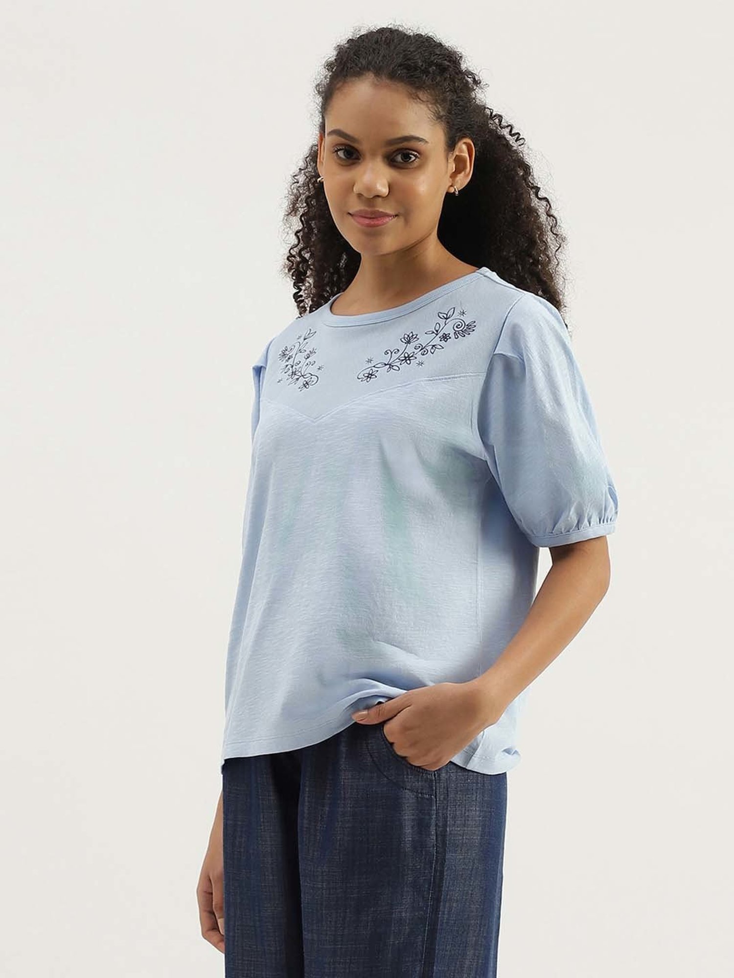 United Colors of Benetton Blue Cotton Embroidered Top