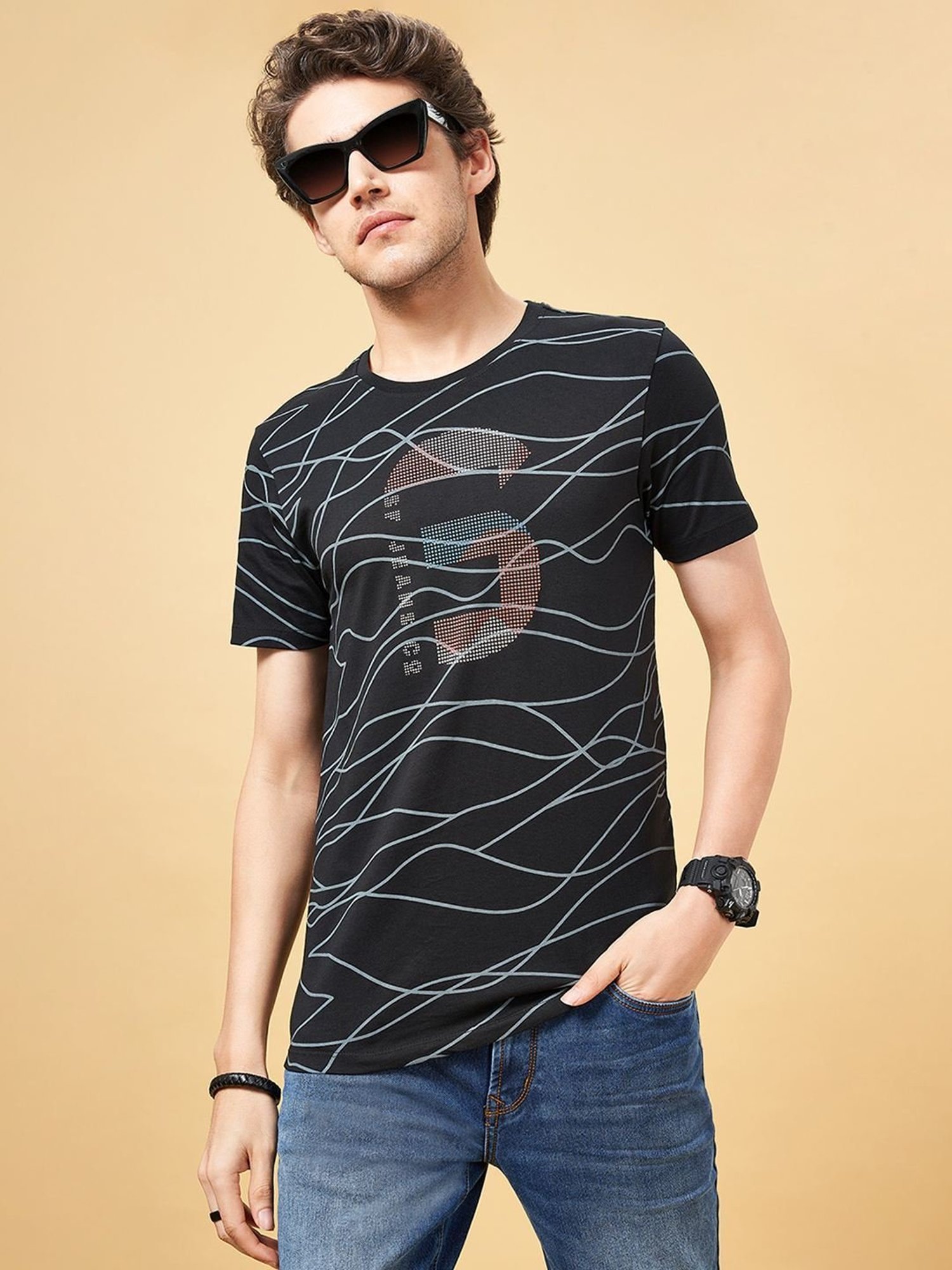 SF Jeans by Pantaloons Jet Black Cotton Slim Fit Printed T-Shirt