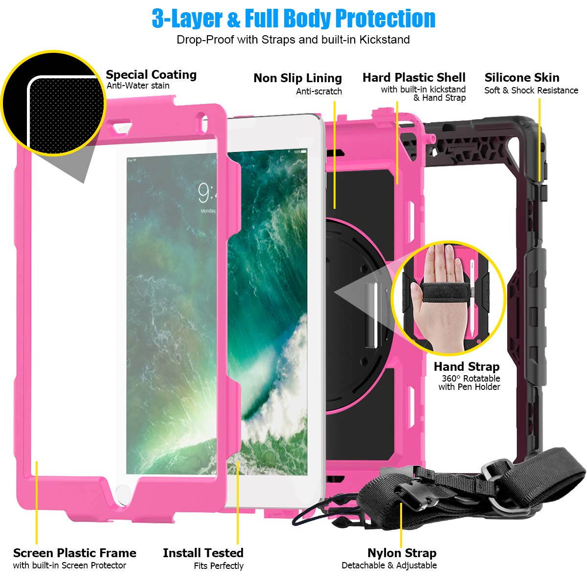 IPad 5th/6th Generation Case,Shockproof, Drop proof, 360 Degree Rotation Kickstand, Hand Strap,Shoulder Strip to Hang in Car Seat.Built-in Screen Protector for New iPad 9.7 2018/2017 Case