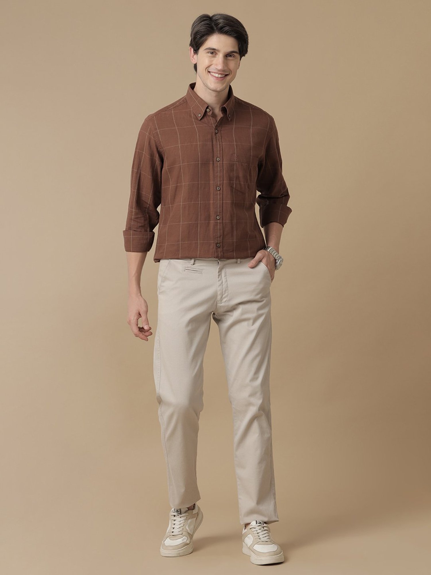 CAVALLO by Linen Club Brown Contemporary Fit Check Shirt