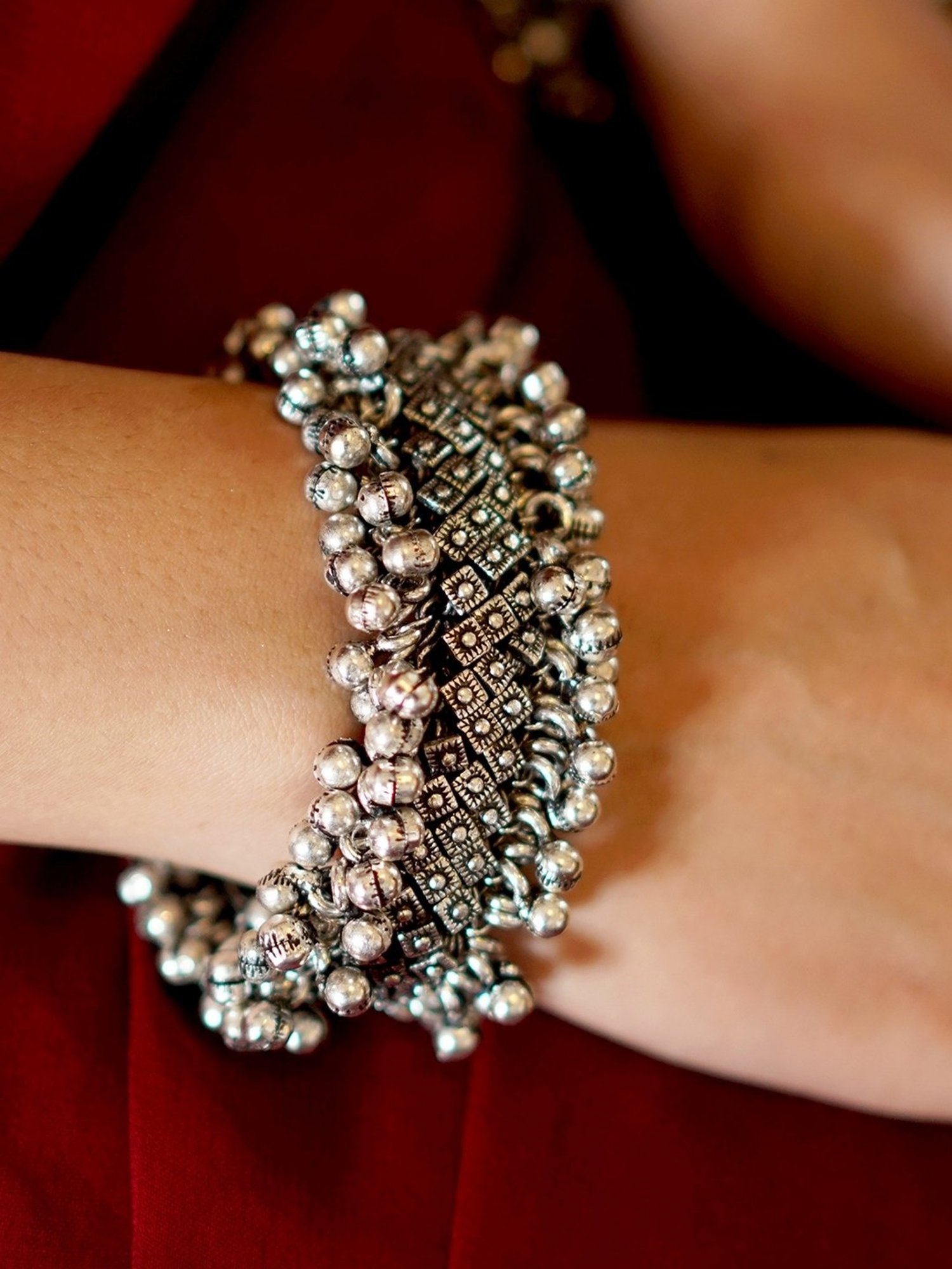 Teejh Ethnic  Geeta Rawa Work Silver Oxidized Ghungroo Bangle for Women