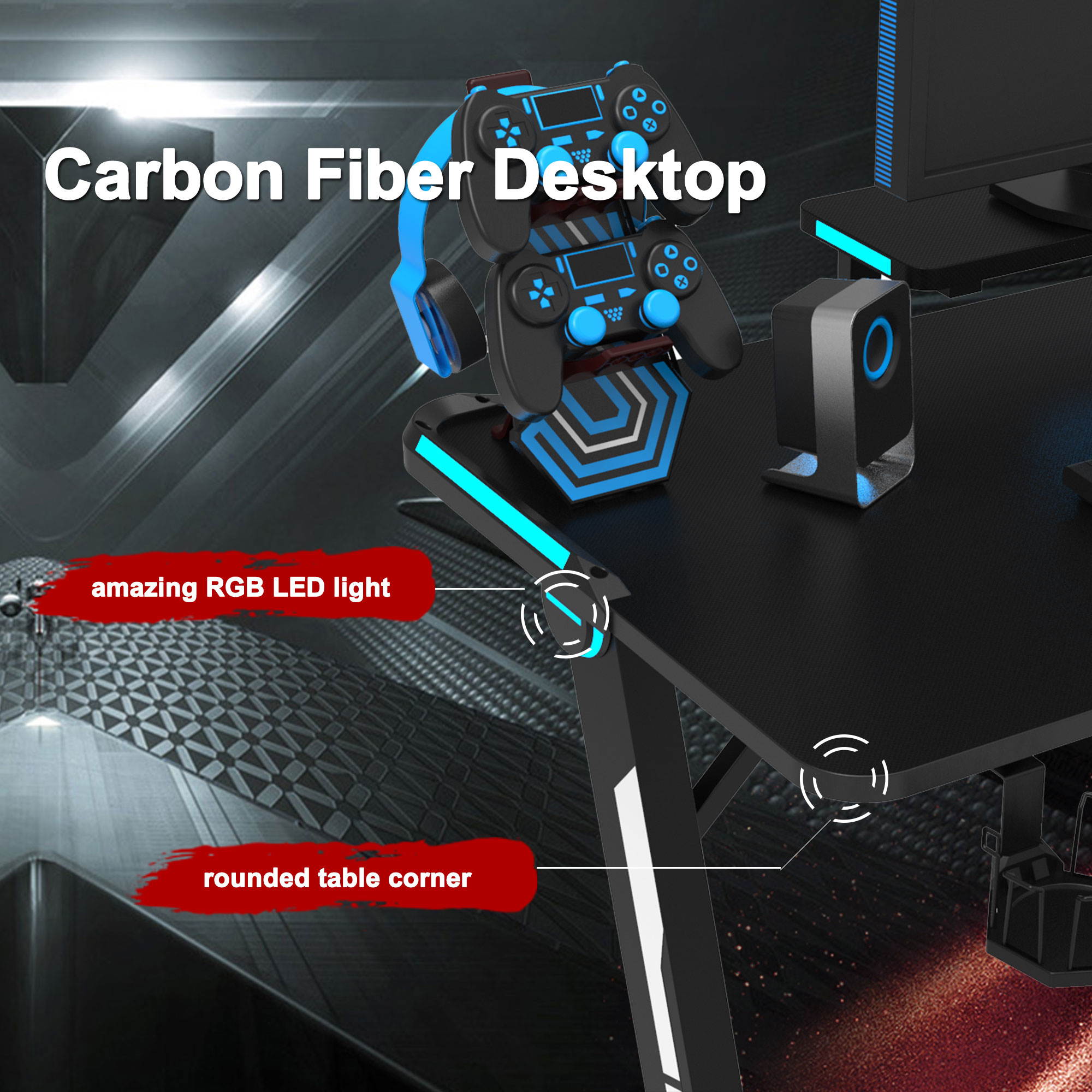 43'' Z-Shaped Gaming Desk E-Sport Gamer Workstation Ergonomic PC Gaming Table with LED Lights,Large Carbon Fiber Surface,Game Handles Holder,Cup Holder,Headphone Hook and Cable Management