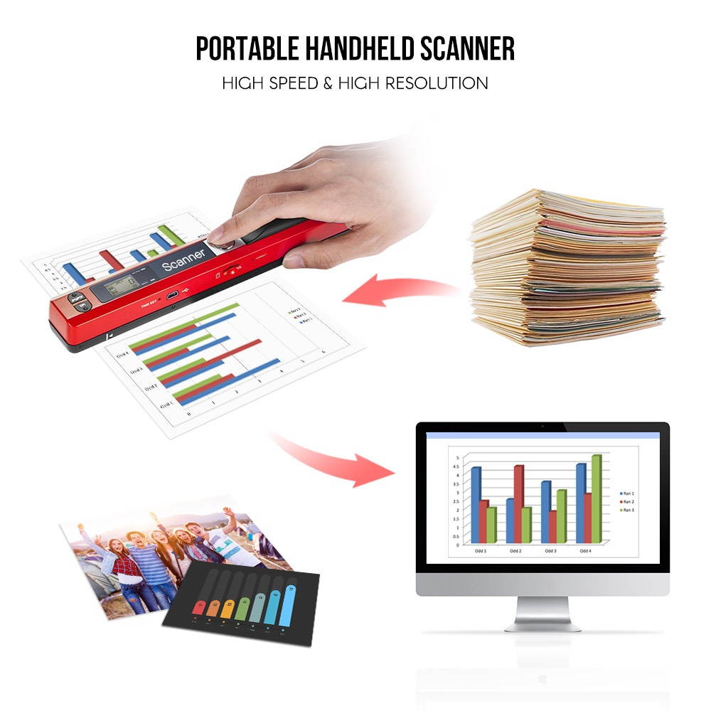 Portable Handheld Wand Wireless Scanner A4 Size 900DPI JPG/PDF Formate LCD Display with Protecting Bag and 8GB TF Card  for Business Document Reciepts Books Images