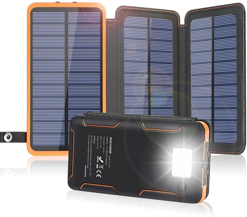 Solar Charger 24000mAh, FEELLE Solar Power Bank with High-Efficiency Foldable Panels and Flashlight, External Battery Pack for Hiking, Camping, Portable Phone Charger for iPhone, Tablet and Samsung
