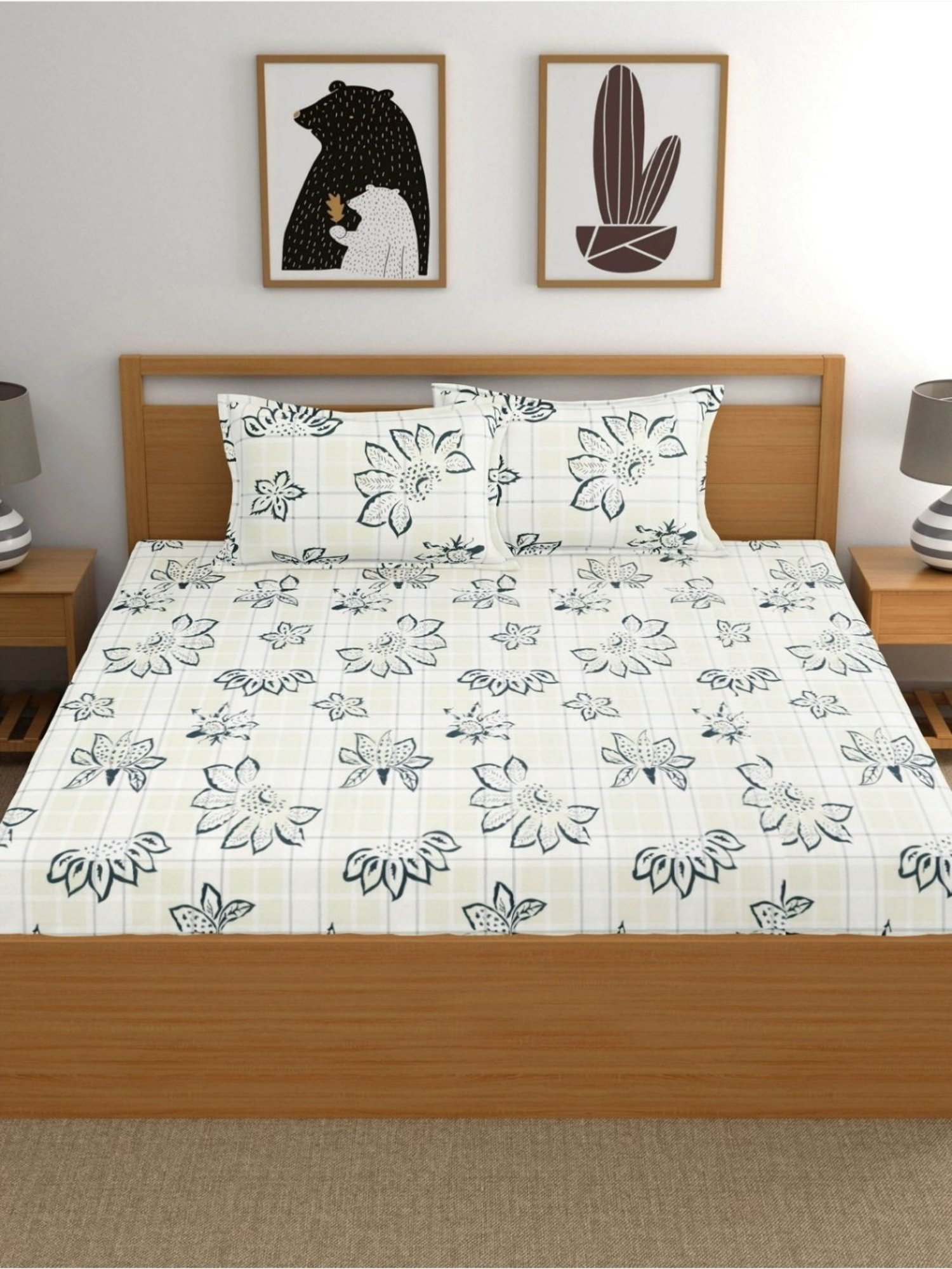 Dreamscape Floral White 300 TC Cotton King Bedsheet with 2 Pillow Covers