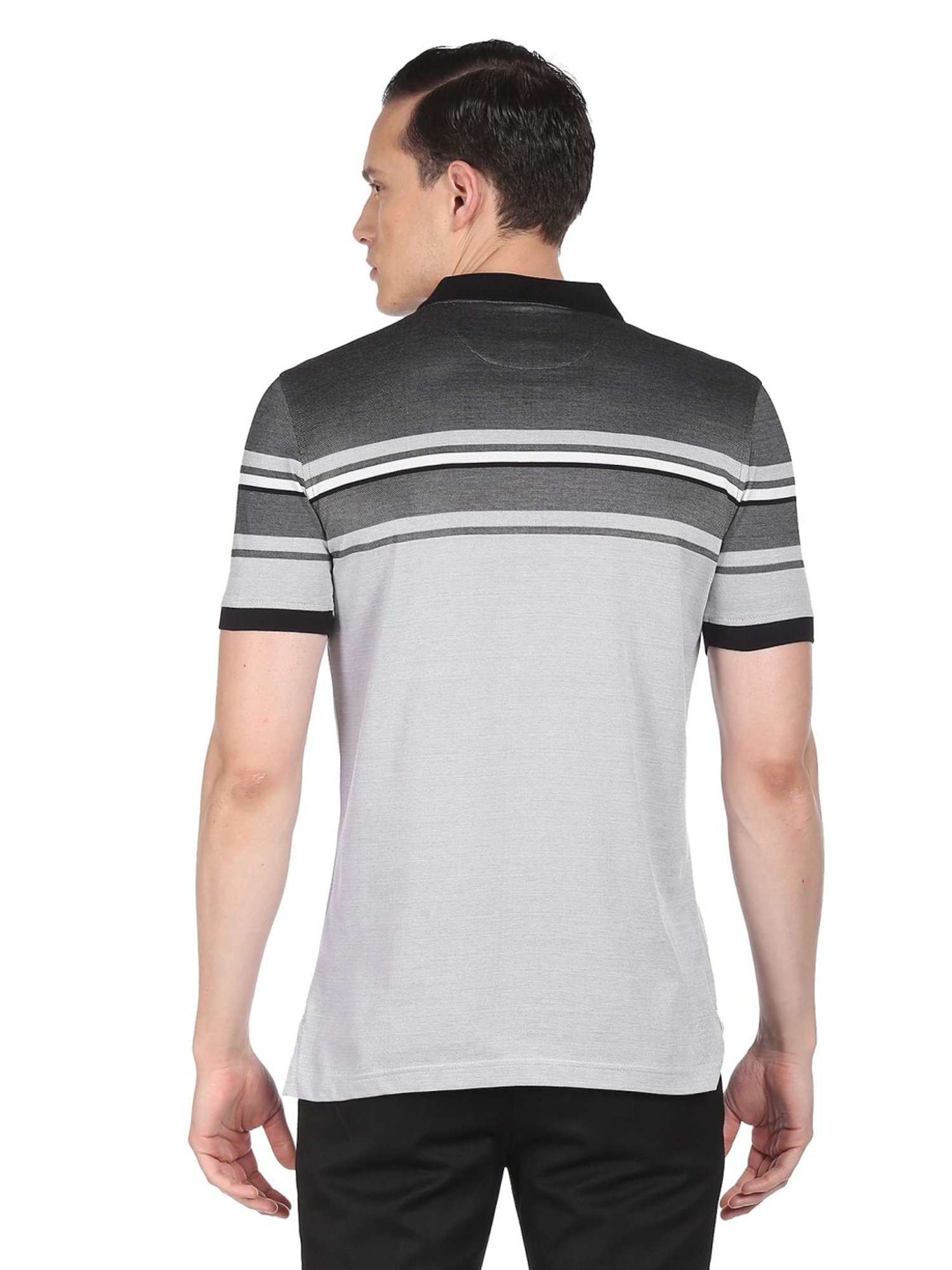 Arrow Grey Cotton Regular Fit Striped Polo T-Shirt