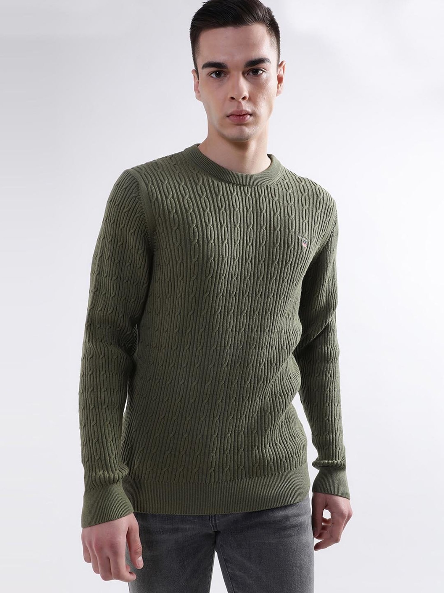GANT Olive Green Cotton Regular Fit Self Pattern Sweater