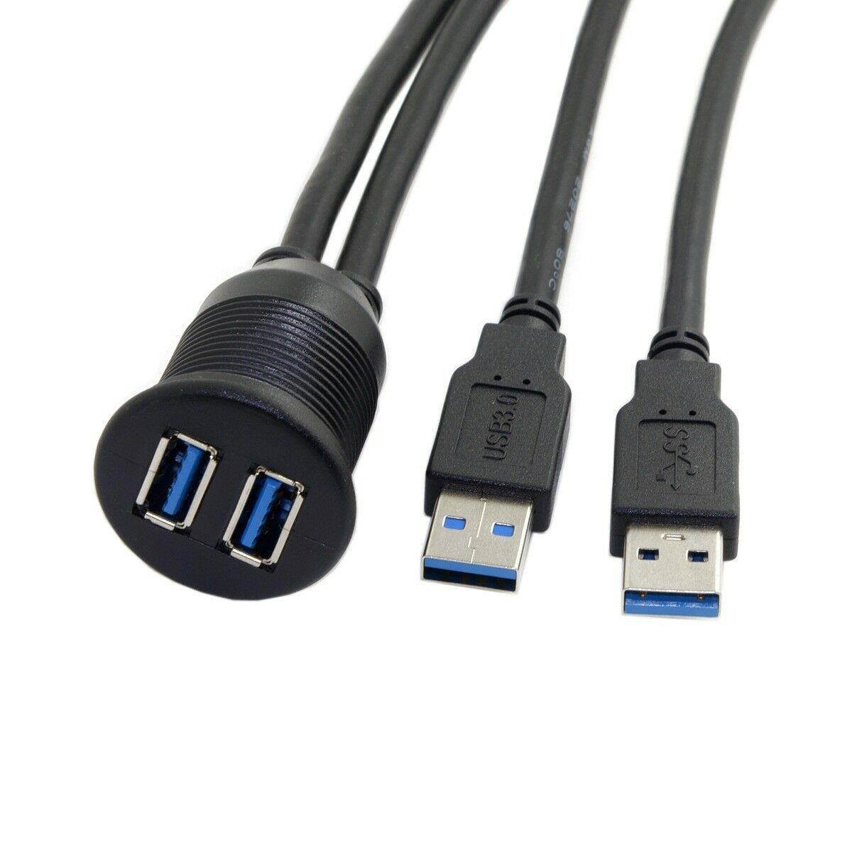 Dual USB 3.0 Male to Female Extension Data and Power Charge Cable with Waterproof Shell Mount Black 2m