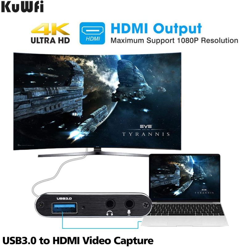 KuWFi 4K/30Hz Input 1080P Output HDMI Capture Card USB3.0 Driver-Free Game Broadcaster Microphone HD Video 1080P Recording Box