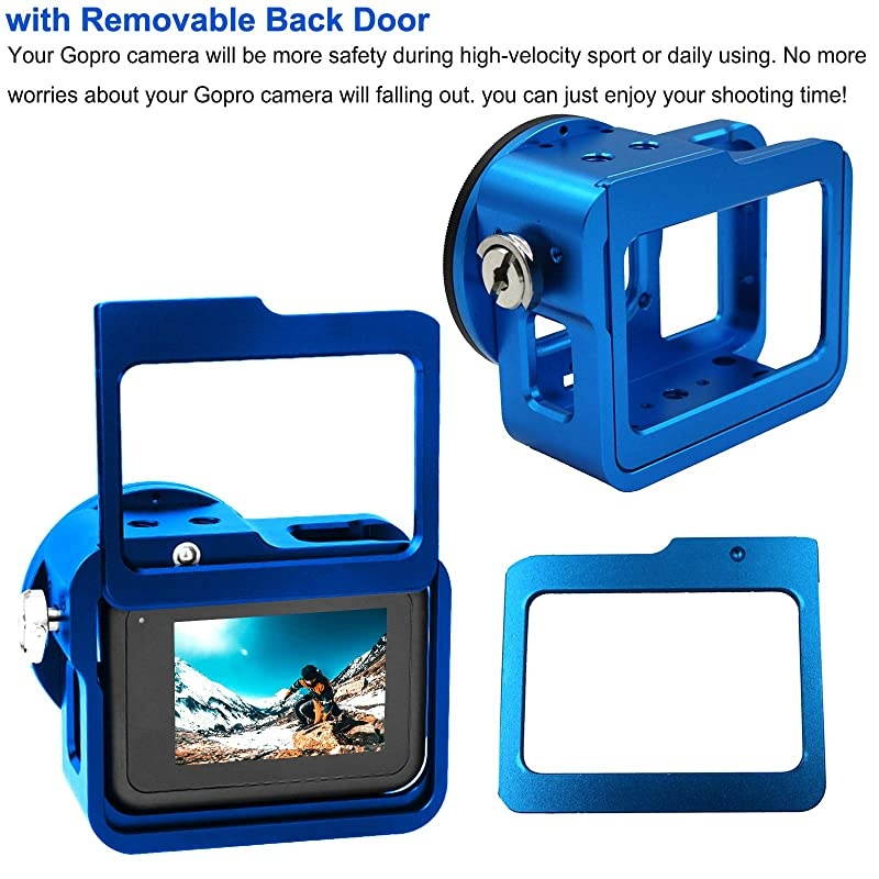 Case Aluminum Alloy Back Door Housing Frame for Gopro Hero 8 Black Action Camera Wire connectable Protective Metal Side Open Shell with 52mm UV Filterfor Gopro Hero 8 Blue