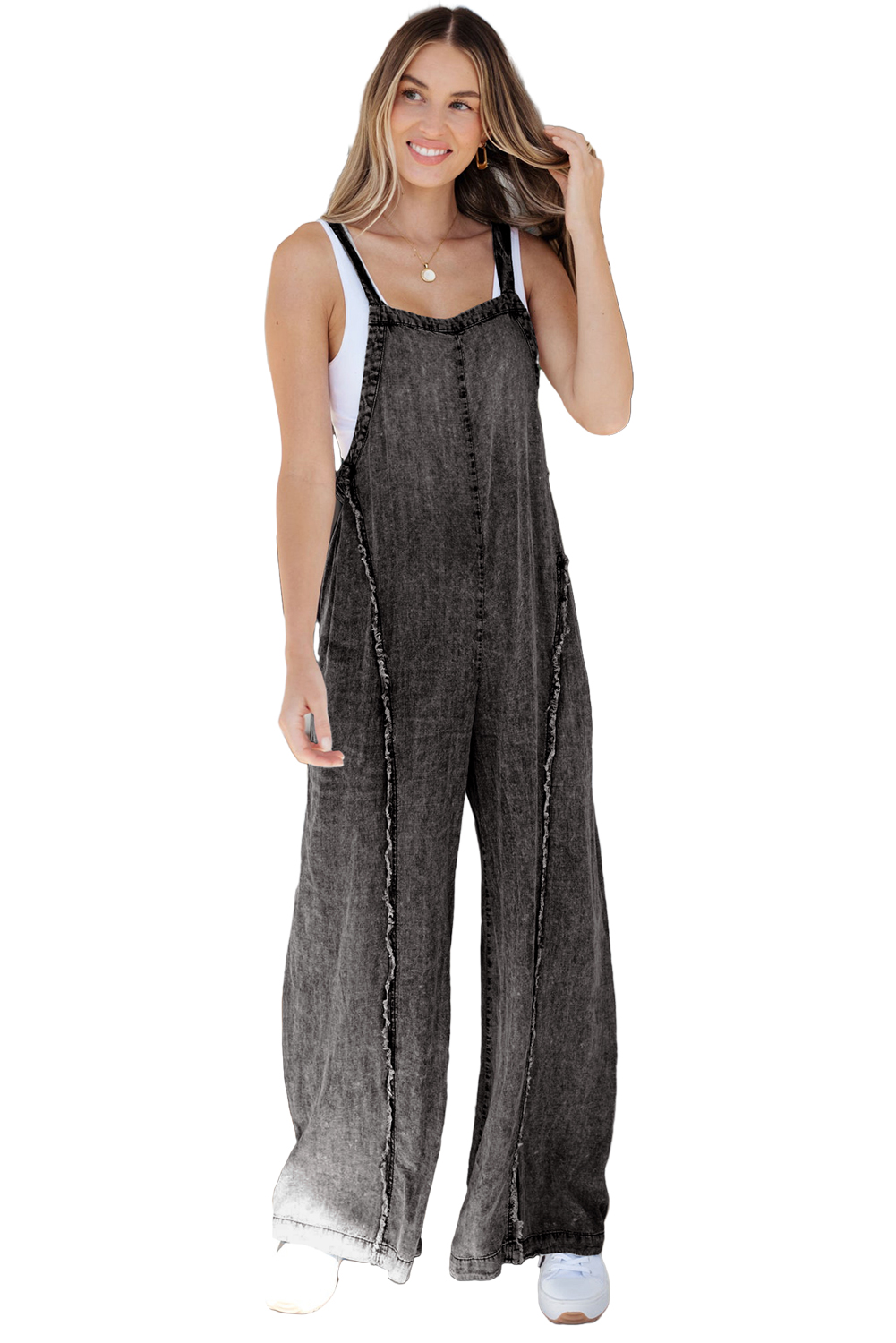 Gray Textured Wide Leg Overall with Pockets