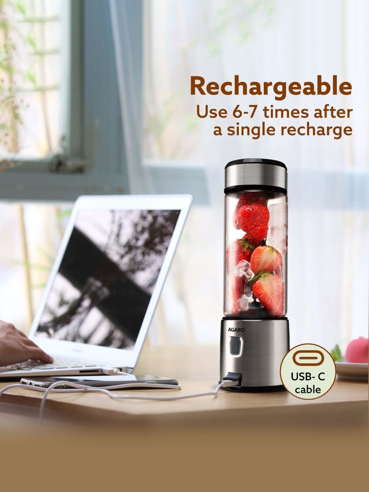 Agaro Portable Hand Blender 126W, 480ml with 3000 mAh Battery & USB Rechargeable (Black)