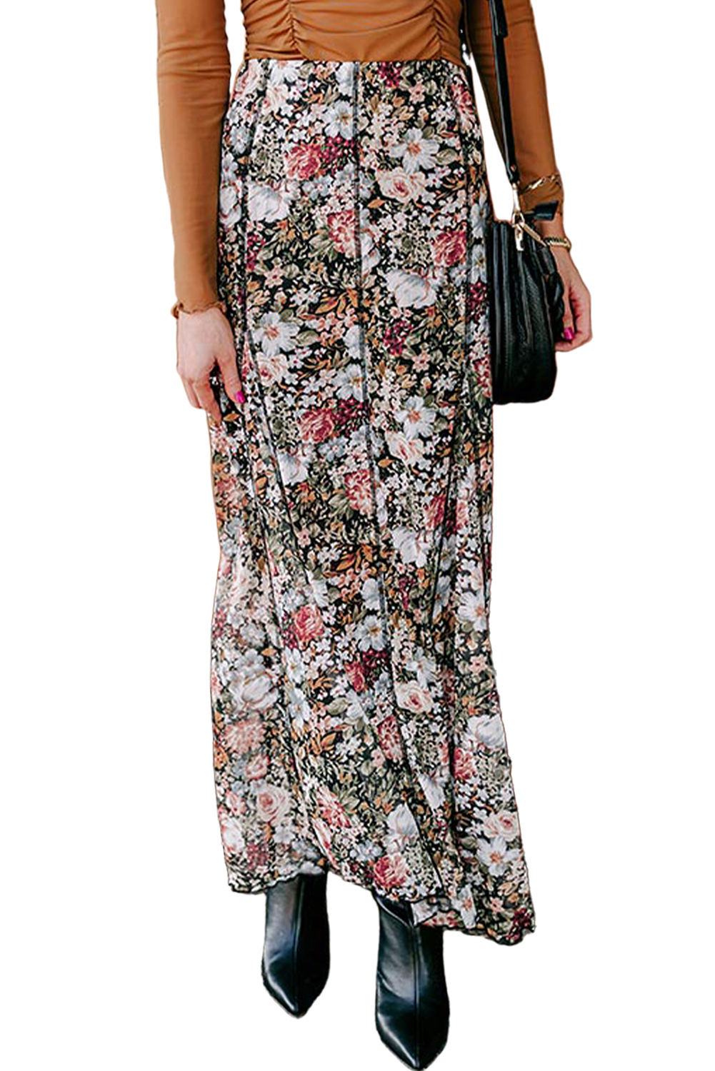 Brown Allover Floral Print Bohemian High Waist Maxi Skirt