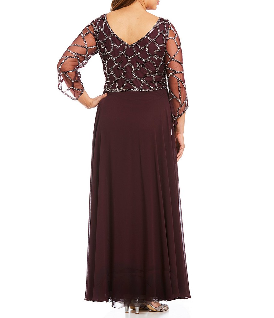 Jkara Plus Sequined V-Neck 3/4 Sleeve Gown