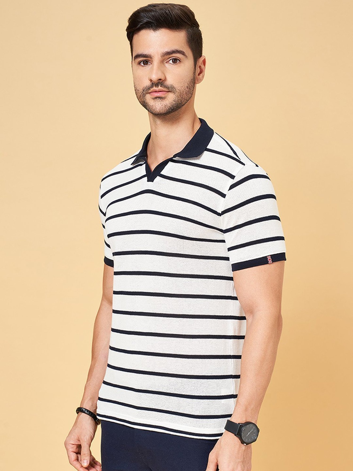 Byford by Pantaloons Navy Slim Fit Striped Polo T-Shirt