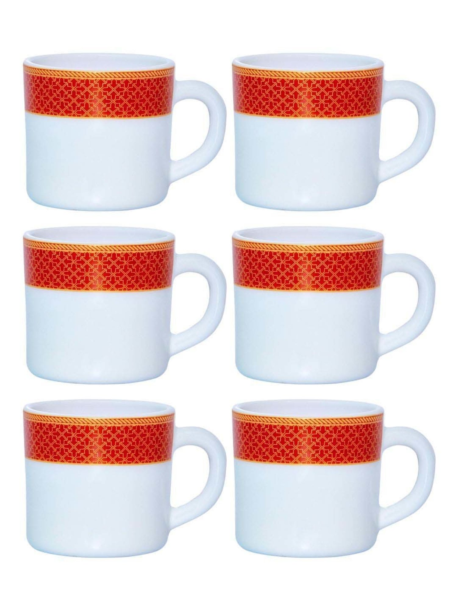 Cello White & Red Opalware Solitaire Tea Mug (0.18 L) - Set of 6