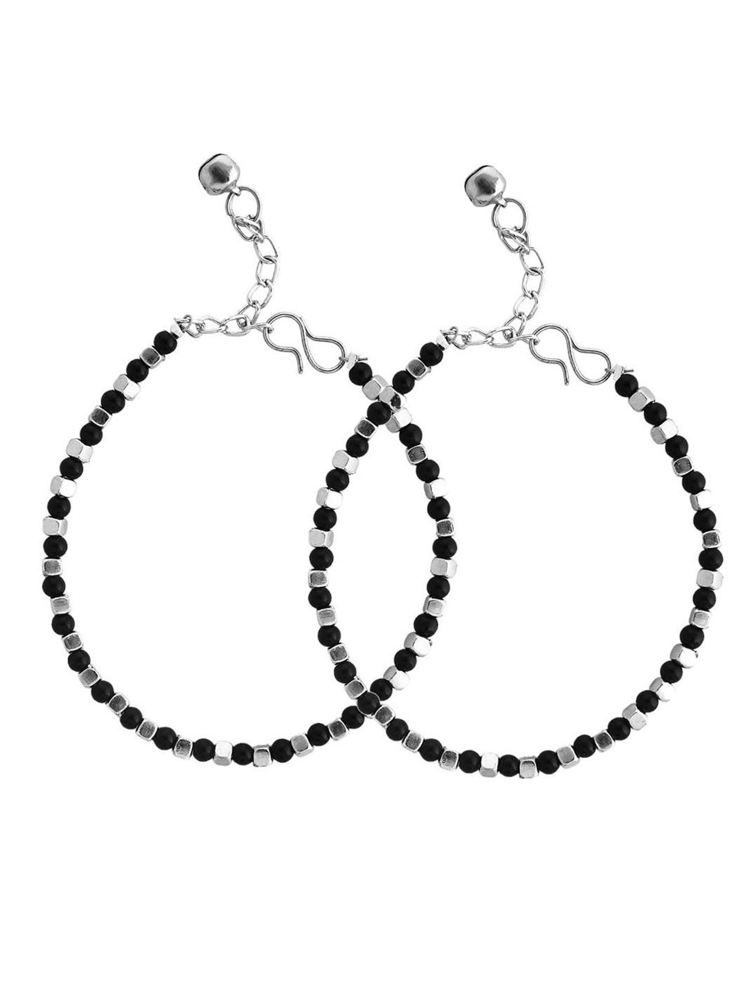 VOJ Set of 2 Artifical Beaded Silver & Black Anklet for Women