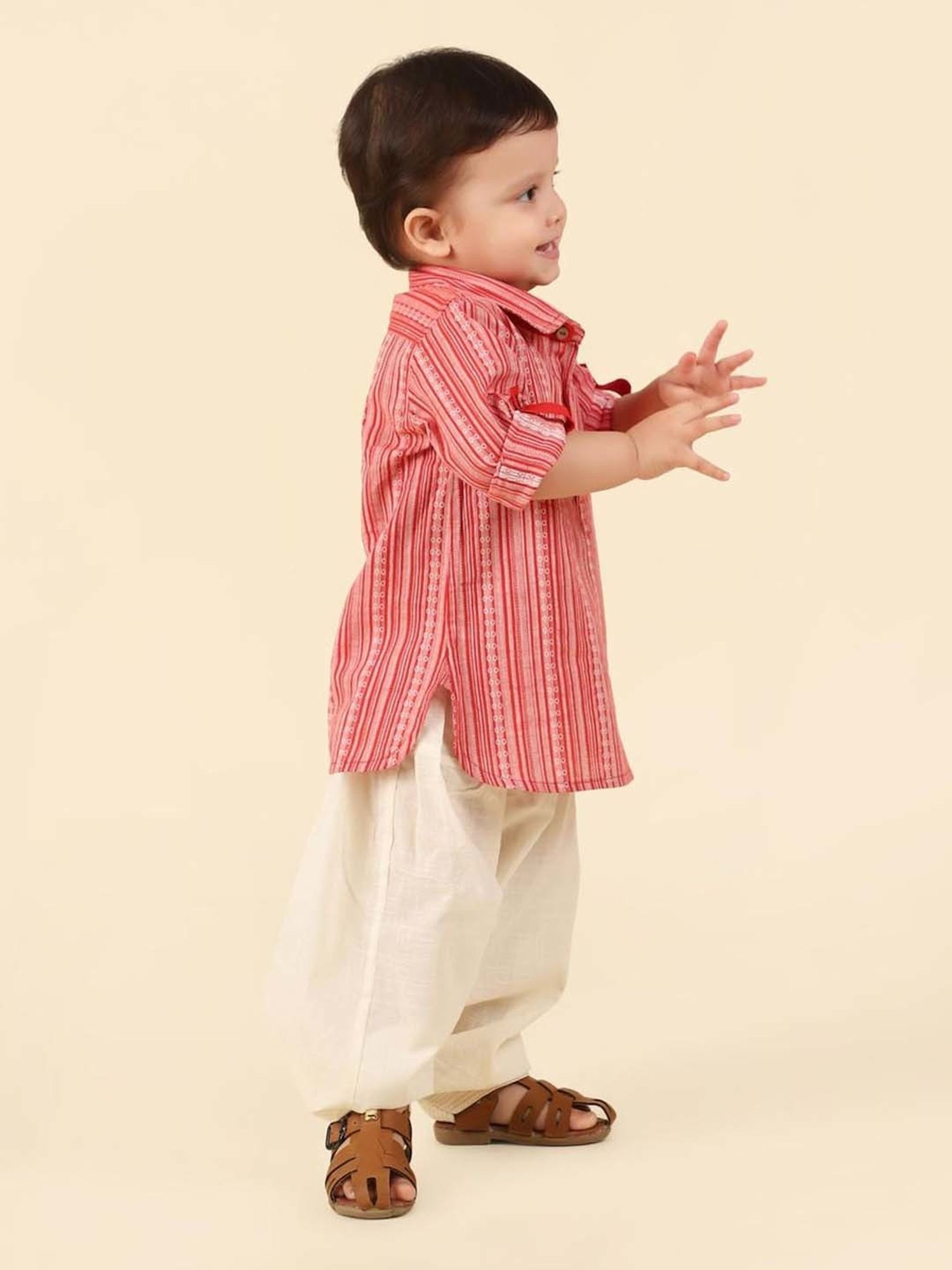 Fabindia Kids Red & Beige Cotton Embellished Full Sleeves Kurta & Pyjama