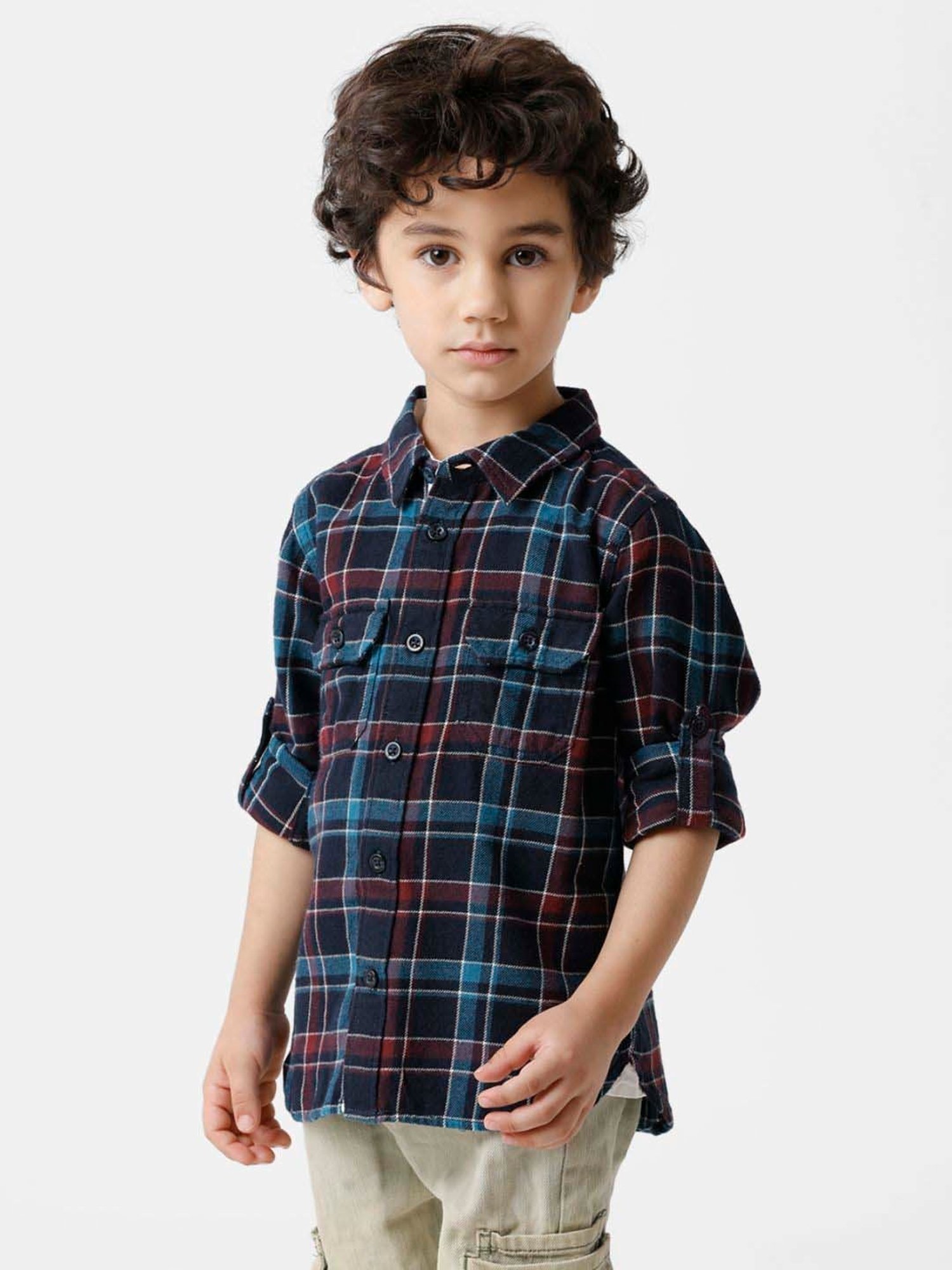 Kate & Oscar Kids Navy & Red Cotton Chequered Full Sleeves Shirt