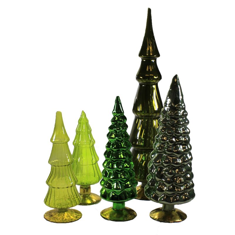Christmas 17.0" Green Hues Glass Trees Set / 5 Decorate Mantle Christmas Decor  -  Decorative Figurines