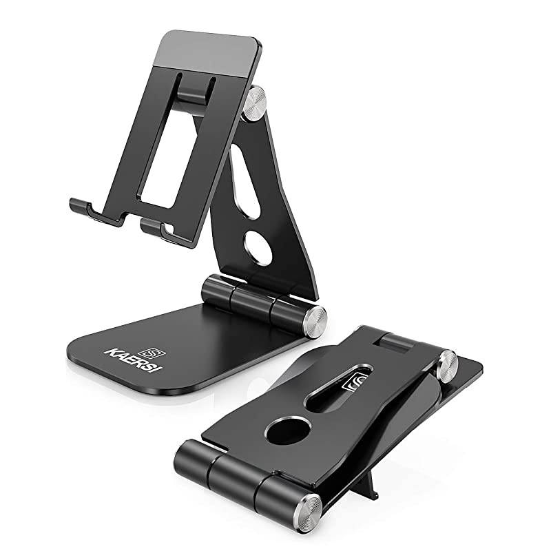 Cell Phone Stand 2 Hinge Adjustable Foldable Phone Stand Holder Cradle Dock for Desk Home Office Travel Compatible with Smartphone Android iPhone 11 Xs XR 8 7 Plus Tablet iPad Black