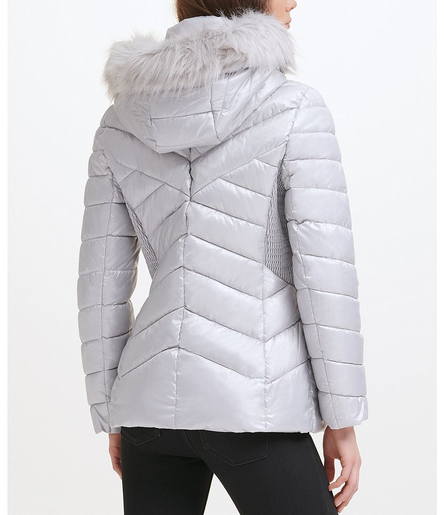 Kenneth Cole New York Water-Resistant Stand Collar Removable Faux Fur Trim Hooded Long Sleeve Chevron Quilted Puffer Jacket