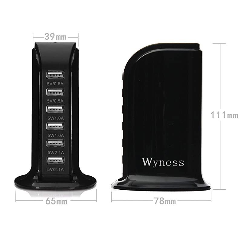 Tower Power Adapter 6Port Smart IC Tech Charging Station with Quick Charge 21 for Phone Tablets and More Black